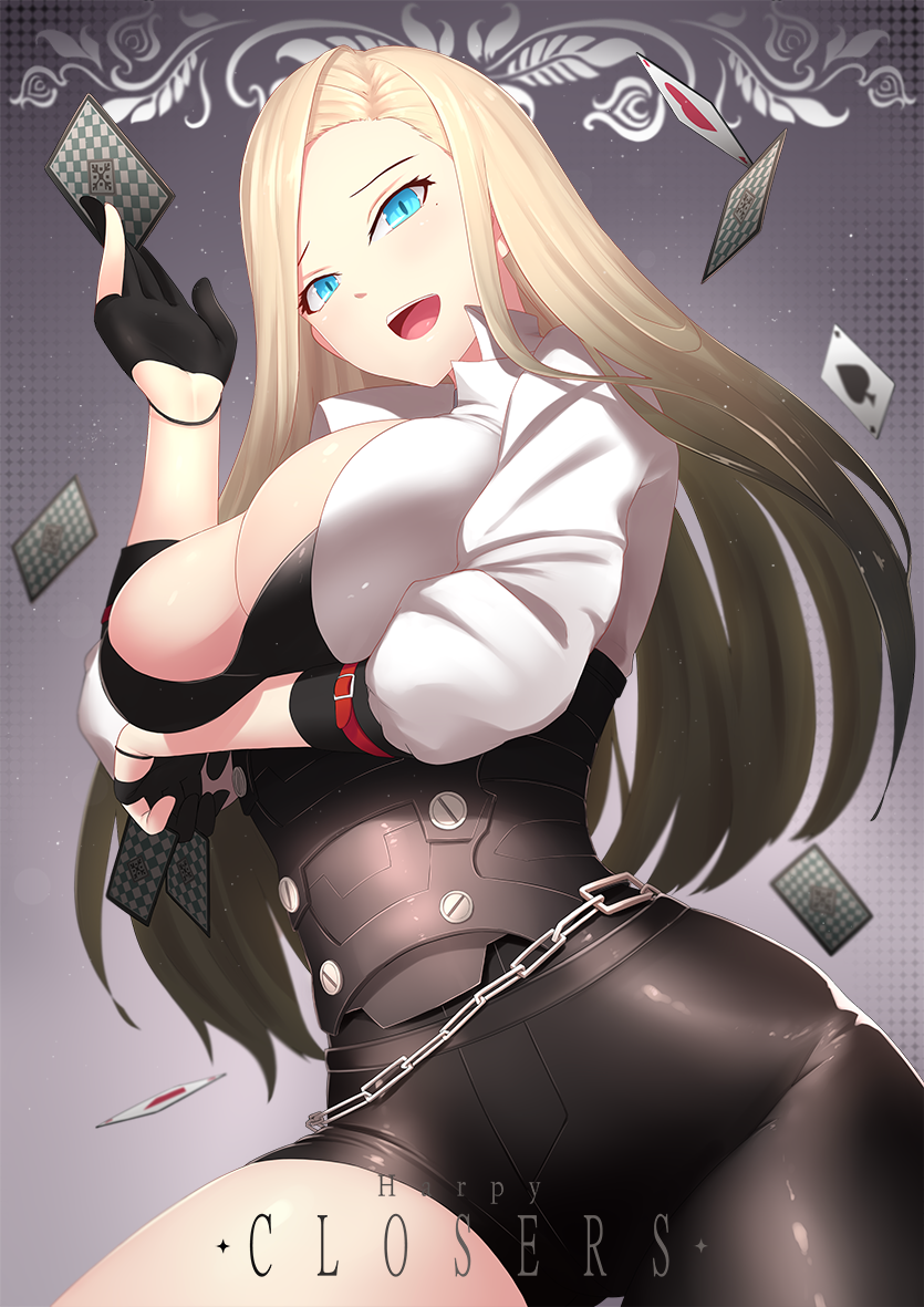 blue_eyes blush bodysuit breast_hold breasts bu_li card chains closers cowb...