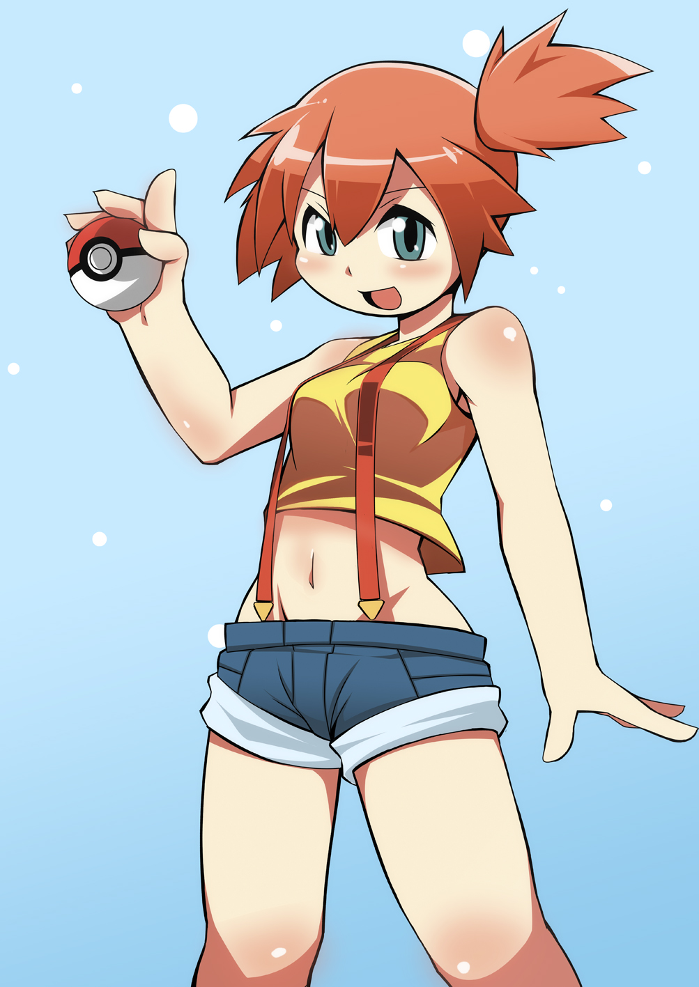 (pokemon) looking_at_viewer medium_breasts midriff navel open_mouth orange_...