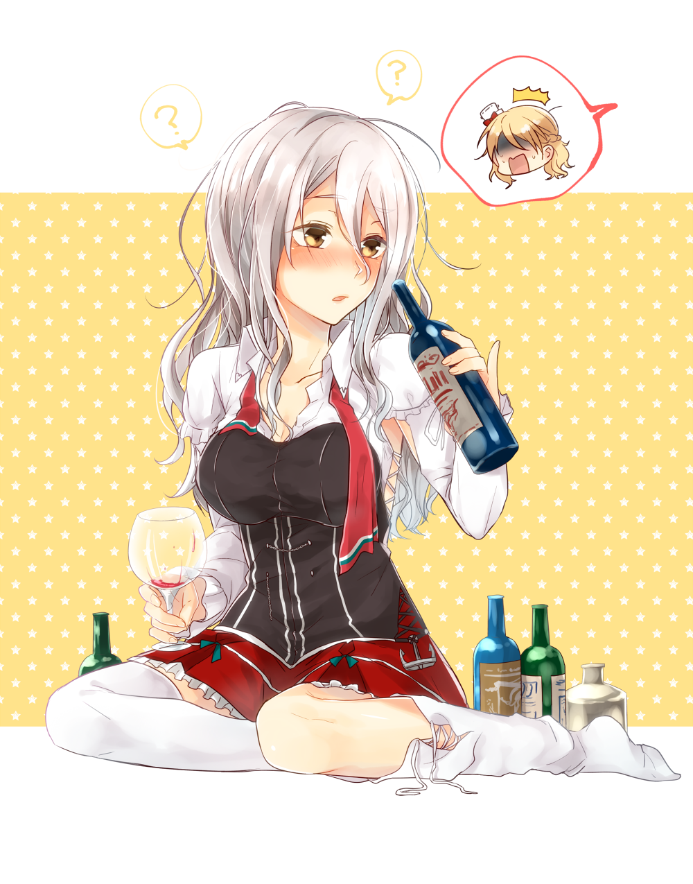 /\/\/\ 1girl ? alcohol blonde_hair bottle brown_eyes commentary cup drinkin...