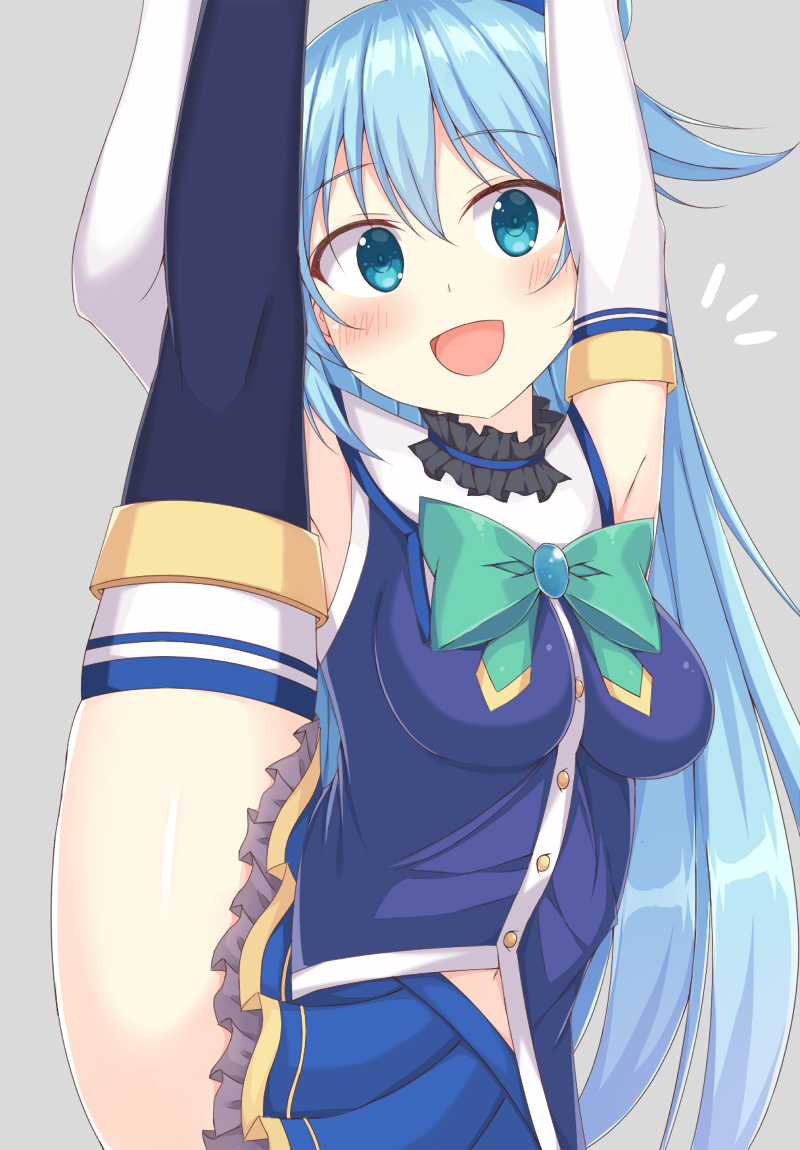 /\/\/\ 1girl :d aqua(konosuba) arms_up blue_eyes blue_hair blue_skirt blush...