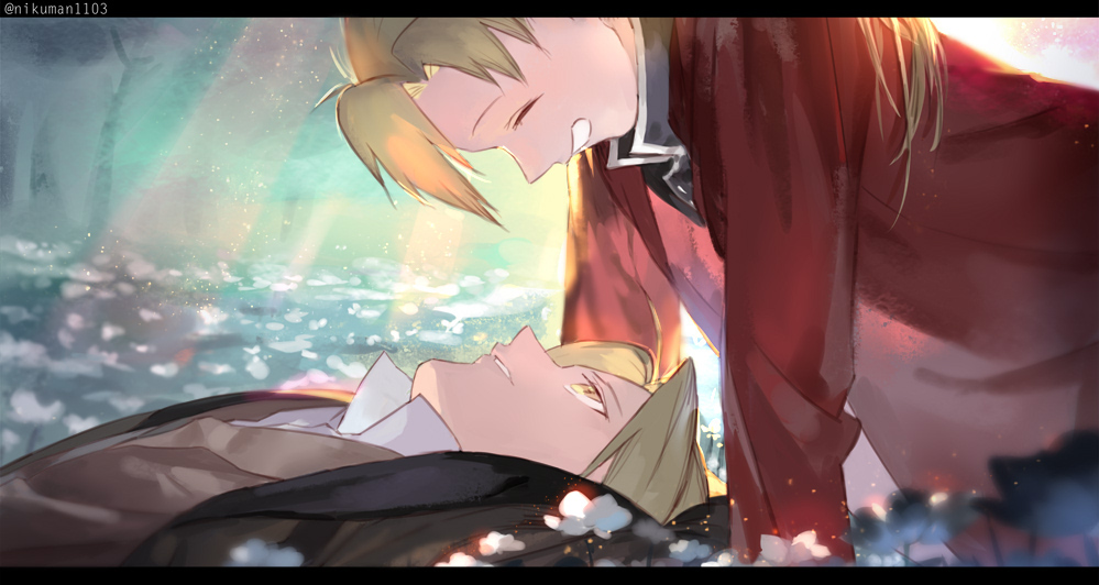 2boys alphonse_elric artist_name blonde_hair brothers brown_coat closed_eye...