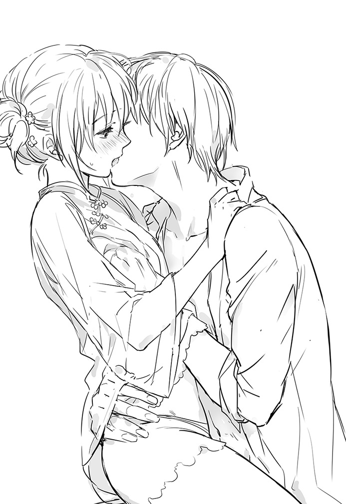 breast_grab chinese_clothes couple french_kiss gintama grabbing groping het...