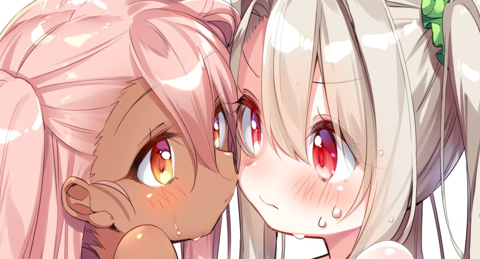 2girls blush brown_eyes brown_hair chloe_von_einzbern close-up dark_skin ey...