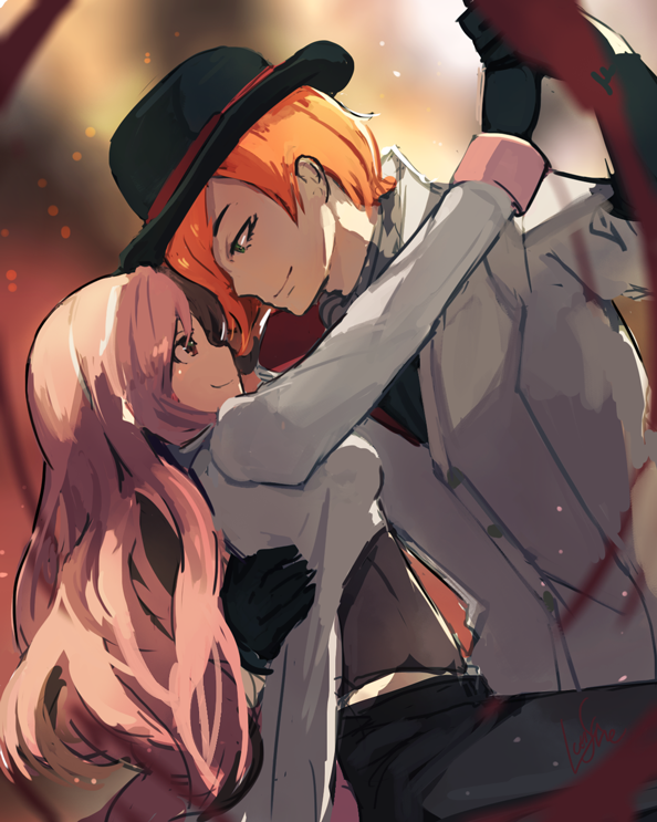 looking_at_another multicolored_hair neo(rwby) orange_hair pants pink_hair roman...