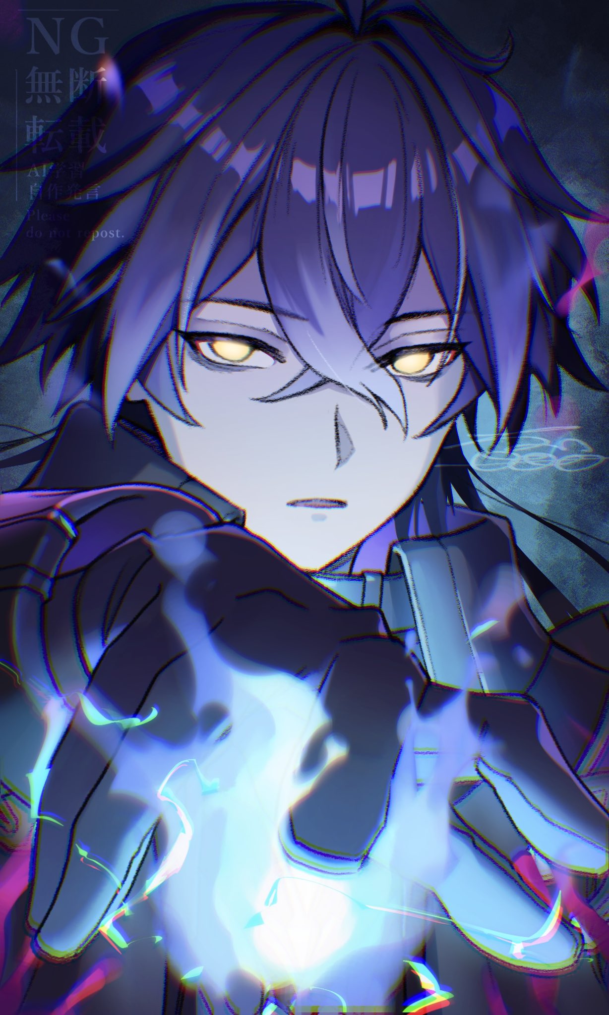 Safebooru - 1boy ahoge arm up artist name black coat black gloves blue ...