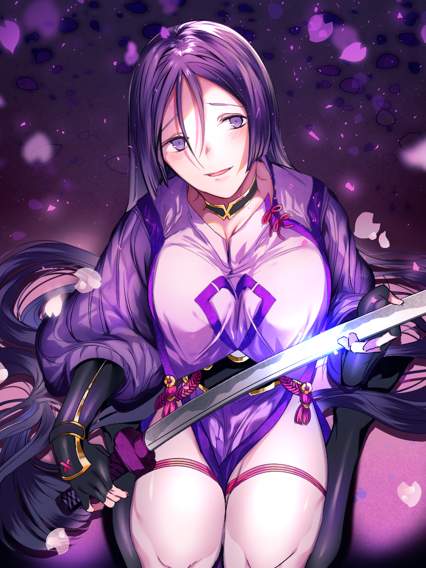 ...gloves katana large_breasts leo(feeling_goooood) long_hair looking_at_vi...