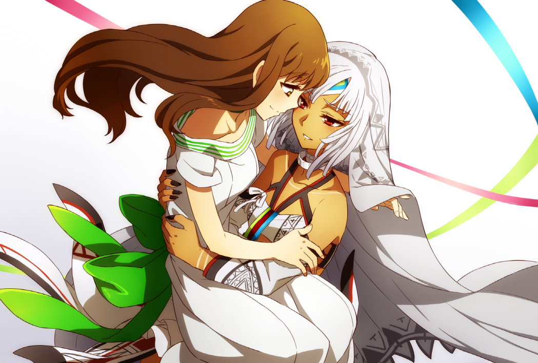 Safebooru - 2girls altera (fate) bare shoulders black nails bow brown ...