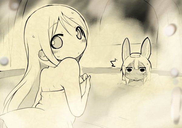 multiple_girls naked_towel nanachi(made_in_abyss) nejime partially_submerge...