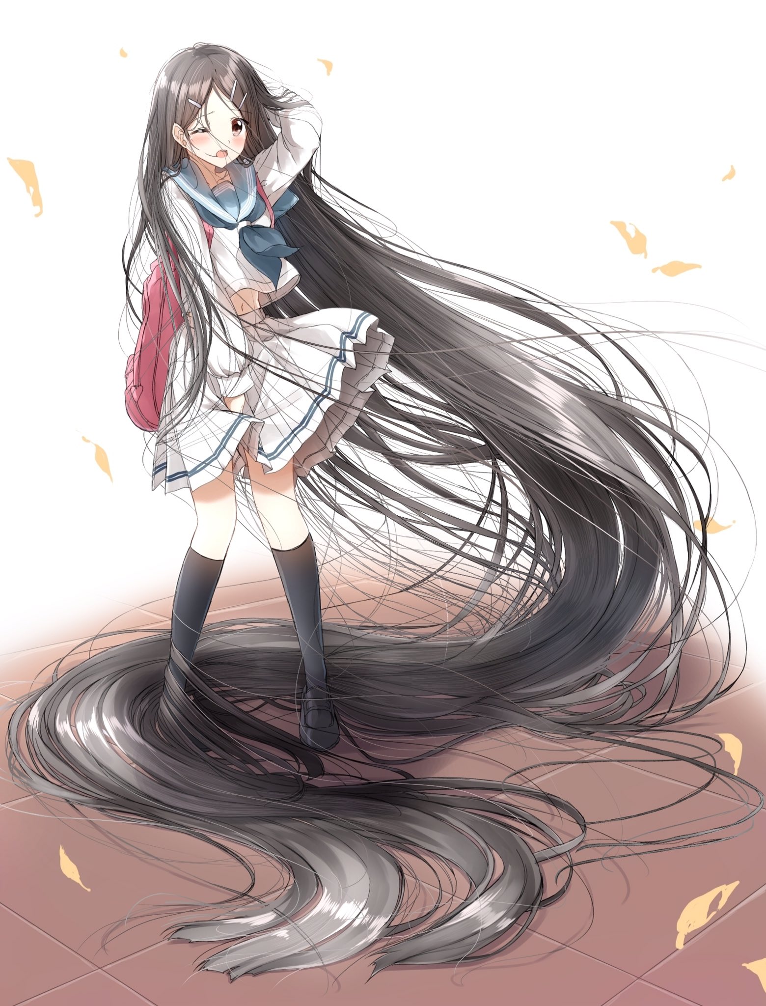 Safebooru 1girl Absurdly Long Hair Backpack Bag Bangs Between Legs Black Hair Black Legwear 5004