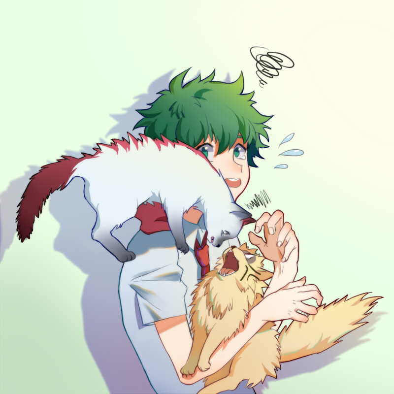 ...cat fangs flying_sweatdrops green_eyes green_hair looking_at_another mid...