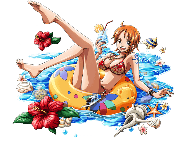 large_breasts nami(one_piece) navel one_piece open_mouth short_hair smile s...