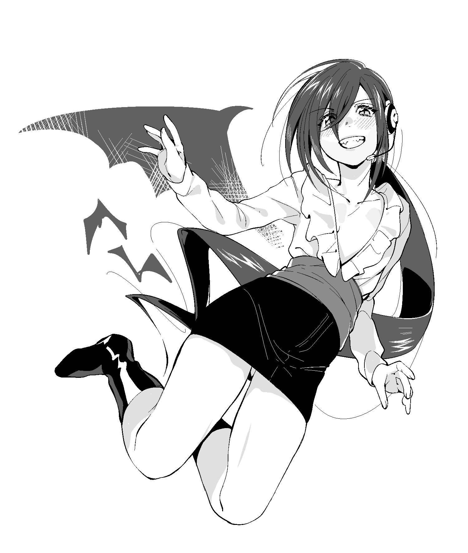 greyscale grin headphones highres lady_bat long_hair looking_at_viewer merm...