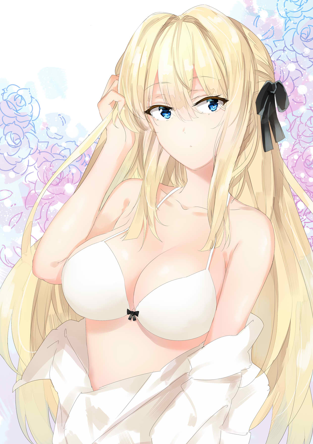 blonde_hair blue_eyes bra breasts cleavage collarbone hair_between_eyes hai...