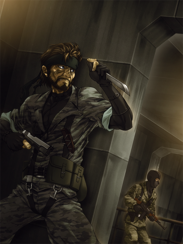 brown_hair camouflage cqc facial_hair gloves gun headband knife metal_gear_soli...