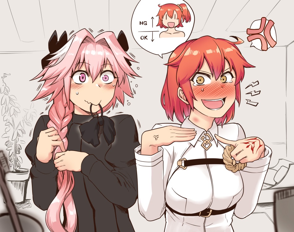 1boy 1girl ahoge anger_vein astolfo(fate) black_bow black_ribbon bow braid ...