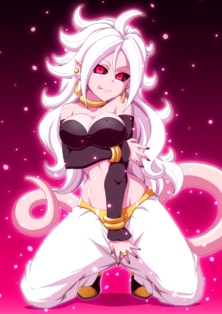 1girl android_21 aura black_nails black_sclera bracelet breasts cleavage cu...