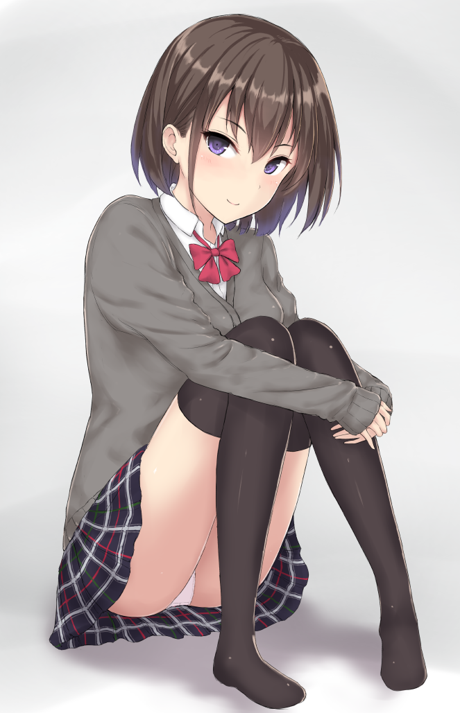 Safebooru 1girl Bangs Black Legwear Black Skirt Blush Bow Bowtie Brown Hair Cardigan Closed