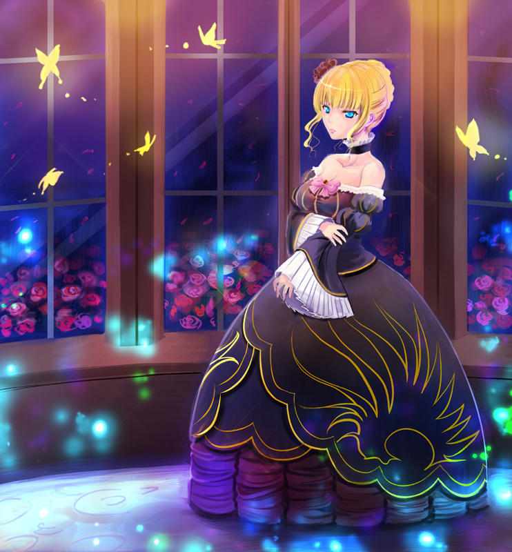 Safebooru Beatrice Blonde Hair Blue Eyes Butterflies Cleavage Dress Flower Umineko No Naku 7593