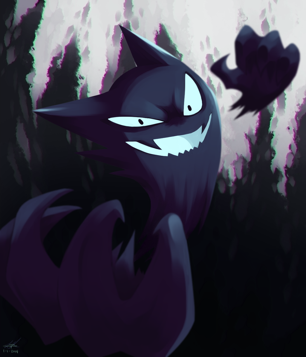 ghost grey_background grin haunter looking_at_viewer no_humans open_mouth p...