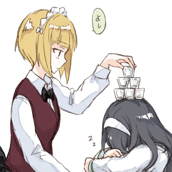 Safebooru - 2girls balancing on head black hair blonde hair bow bowtie ...