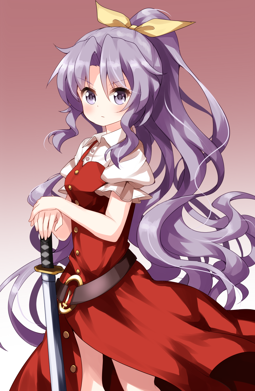 ...(tksymkw) serious short_sleeves simple_background solo sword touhou very...