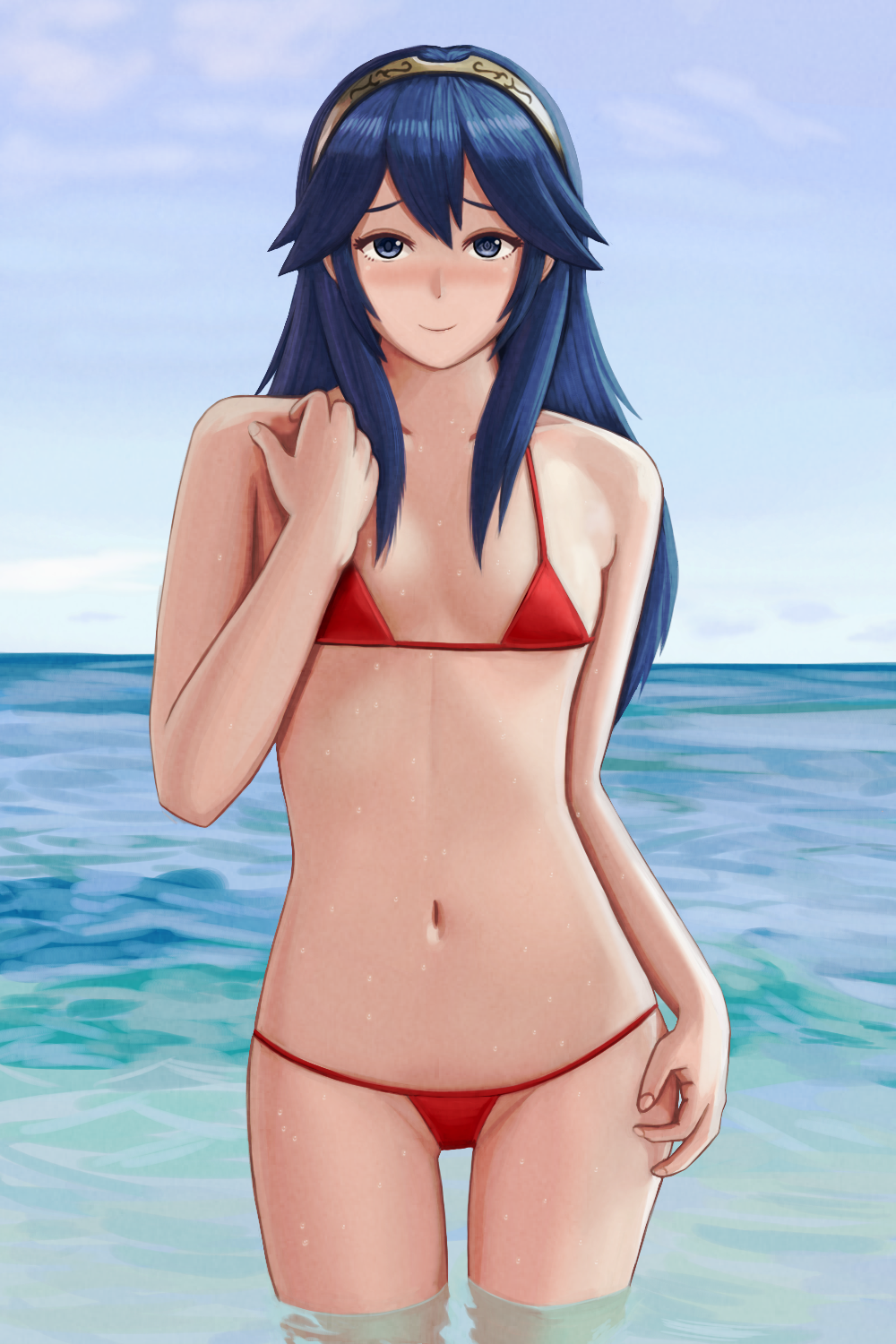 kakusei highres lucina micro_bikini navel ocean red_bikini smile solo swims...