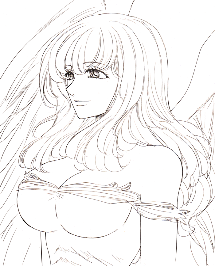 ...greyscale harumiya large_breasts long_hair looking_to_the_side monochrom...