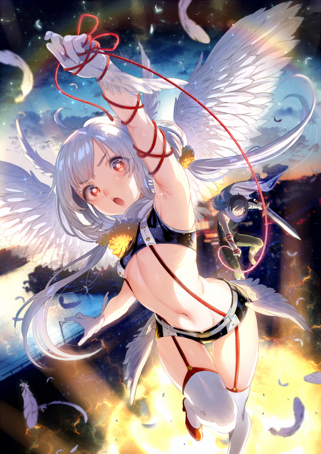 1girl angel_wings arm_up armpits breasts feathers garter_straps gloves high...