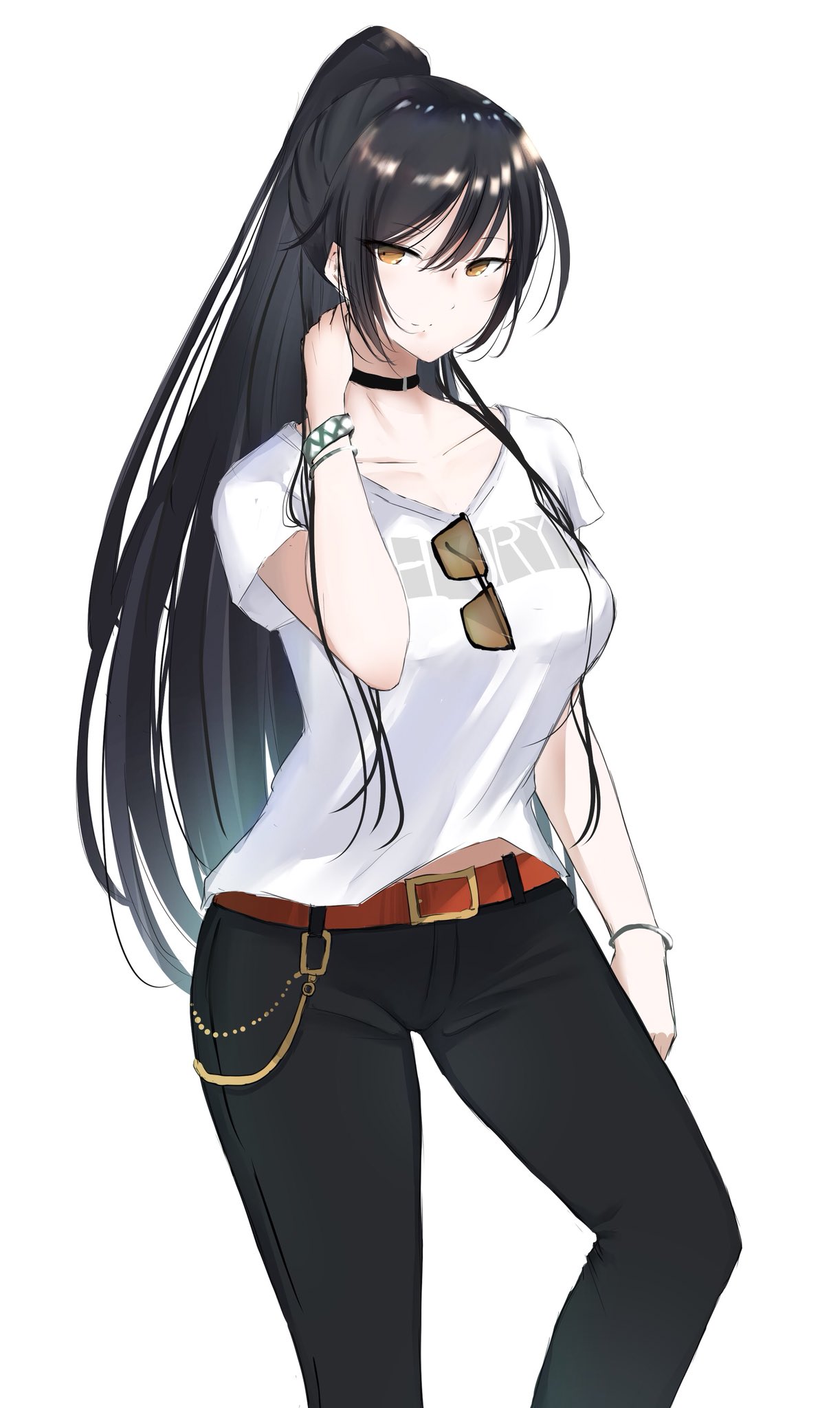 Safebooru - 1girl bangs belt buckle black hair black pants bracelet ...