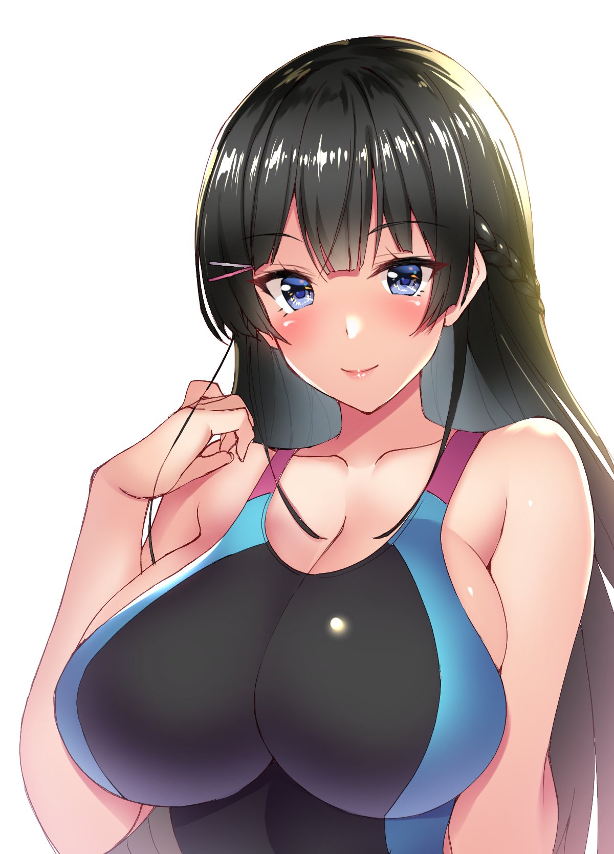 breasts cleavage collarbone competition_swimsuit french_braid hair_ornament...
