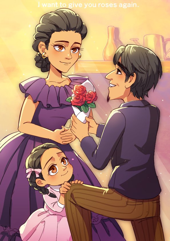 Safebooru 1boy 2girls black hair blush bouquet braid brown eyes coco