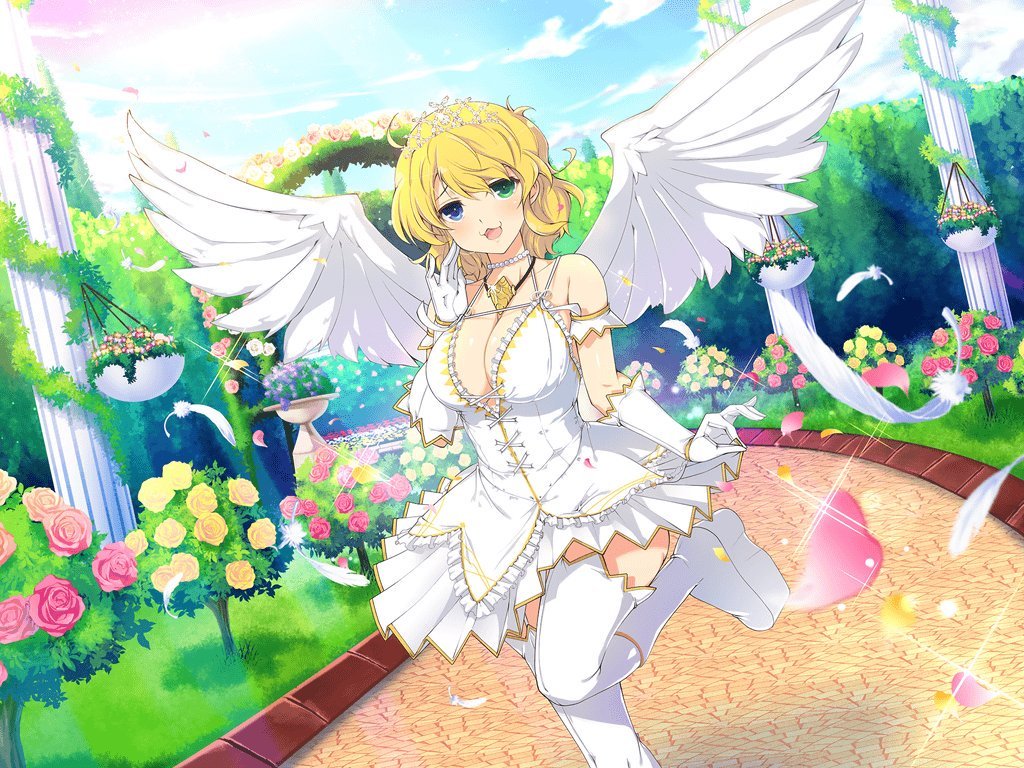 1girl angel_wings blonde_hair breasts flower gloves pillar ryouna(senran_ka...