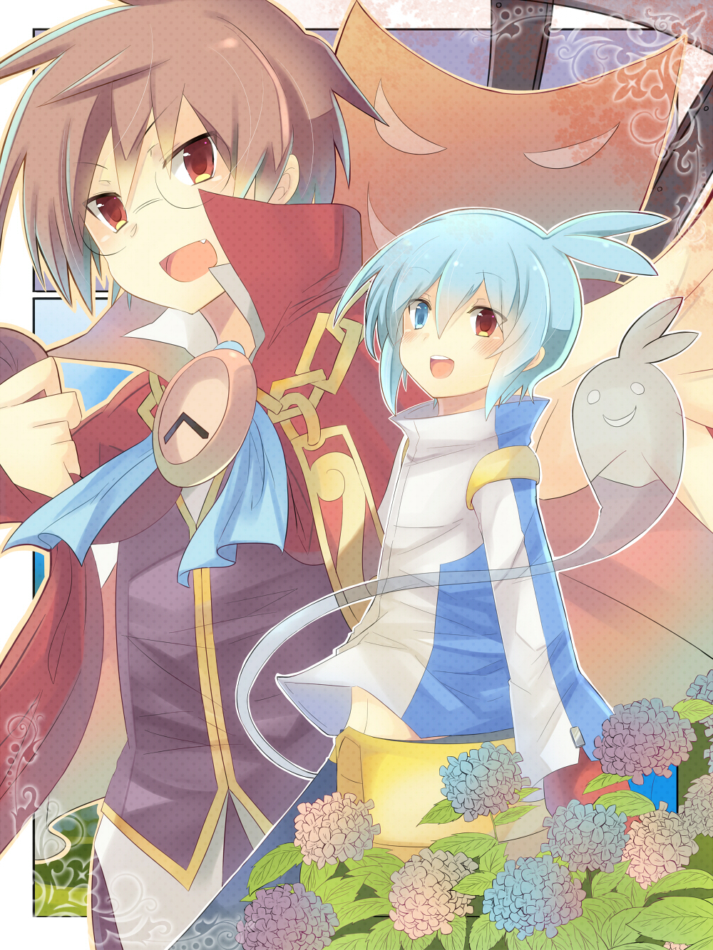 Safebooru - >:) 2boys blue eyes blush brown hair cape clenched hand ...