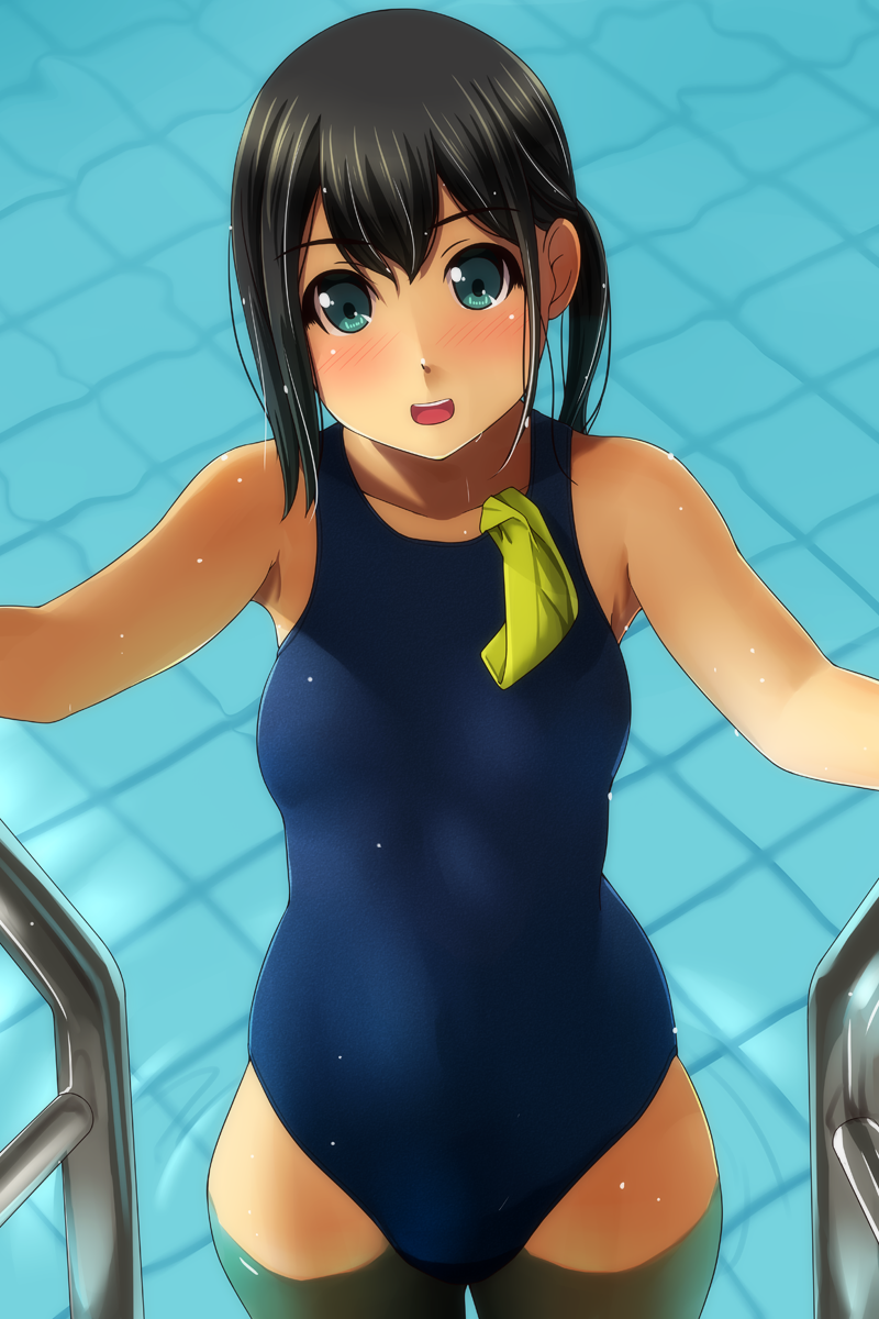 one-piece_swimsuit open_mouth original partially_submerged ponytail pool so...