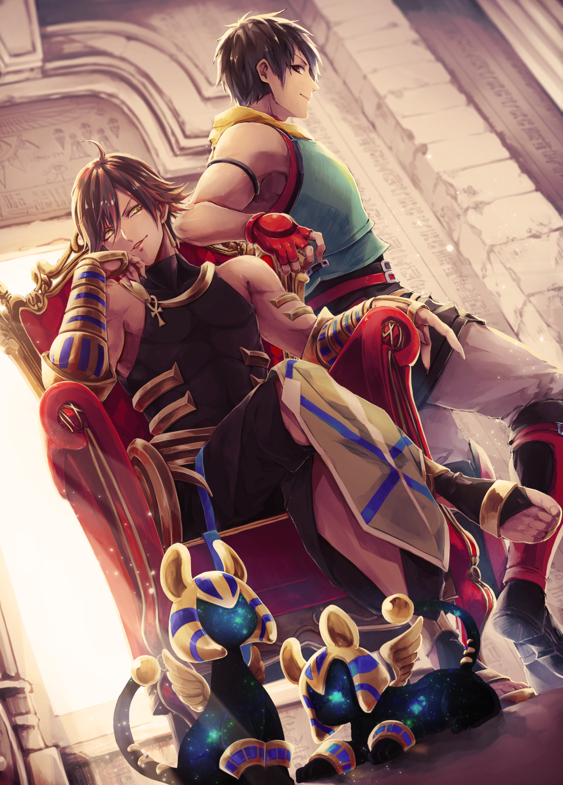 Safebooru - 2boys arash (fate) armor black eyes black hair boots chair ...