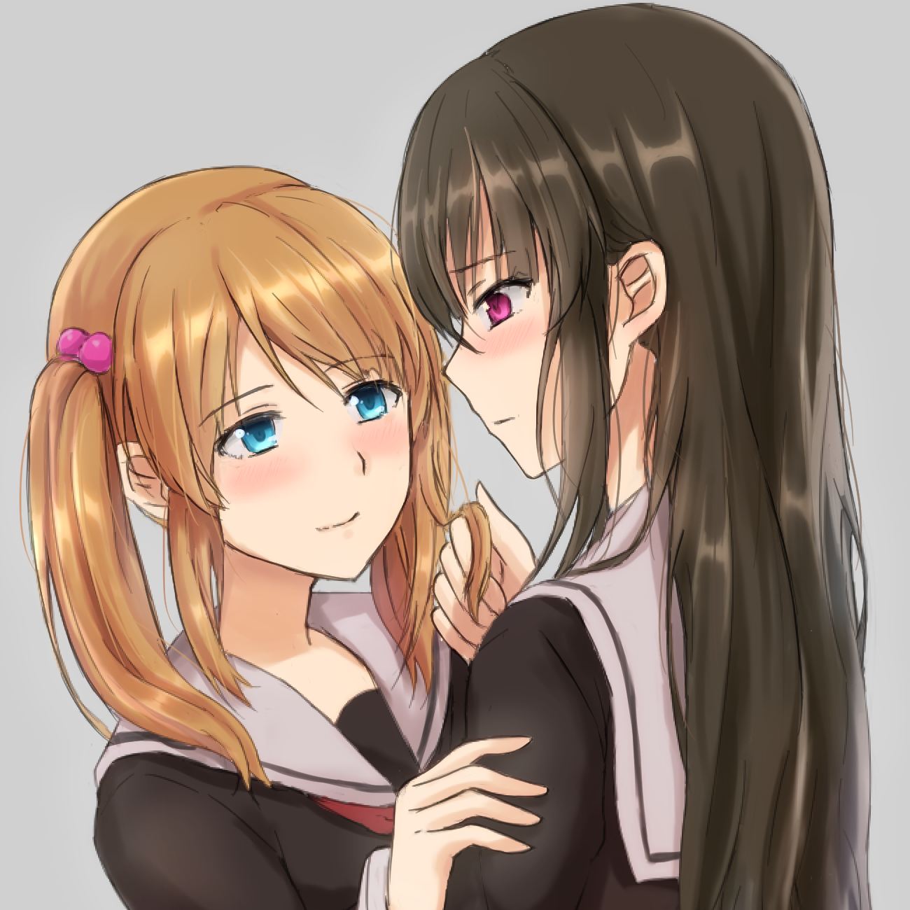 Safebooru - 2girls black serafuku black shirt blue eyes blush brown