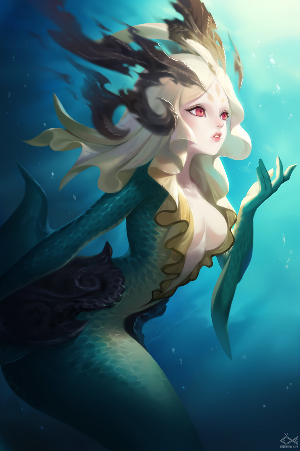 fish_tail headgear highres league_of_legends medium_breasts mermaid monster...