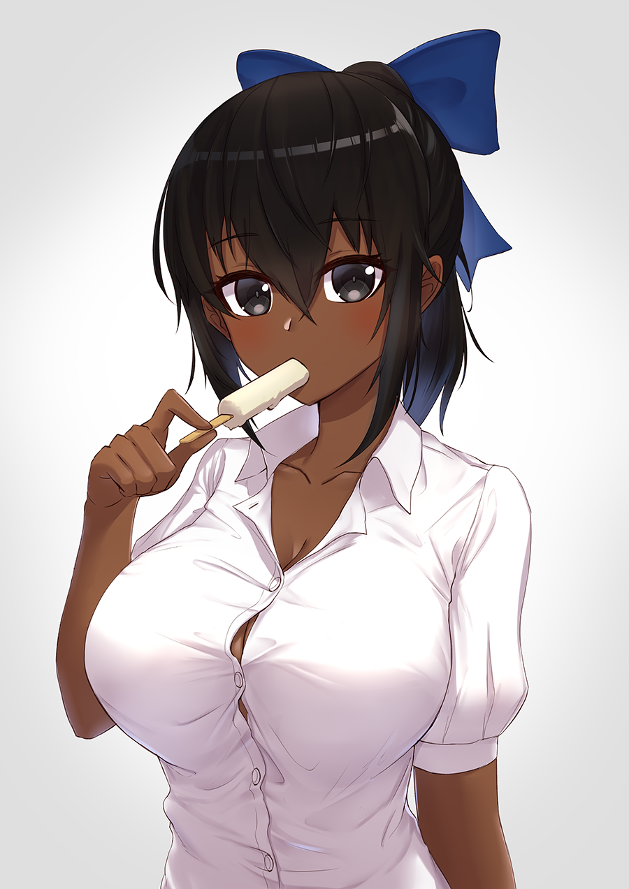 black_eyes black_hair bow breasts cleavage collarbone collared_shirt commen...