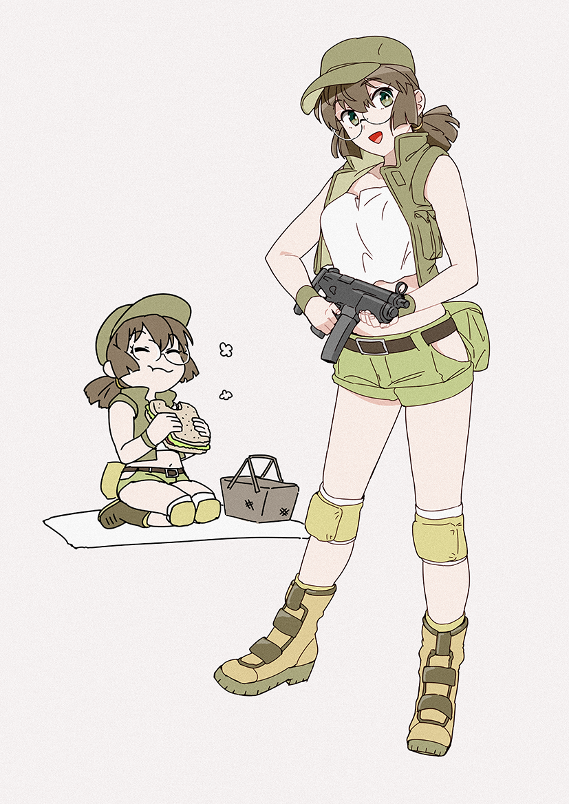 basket belt boots breasts brown_hair eating fanny_pack fio_germi food glass...