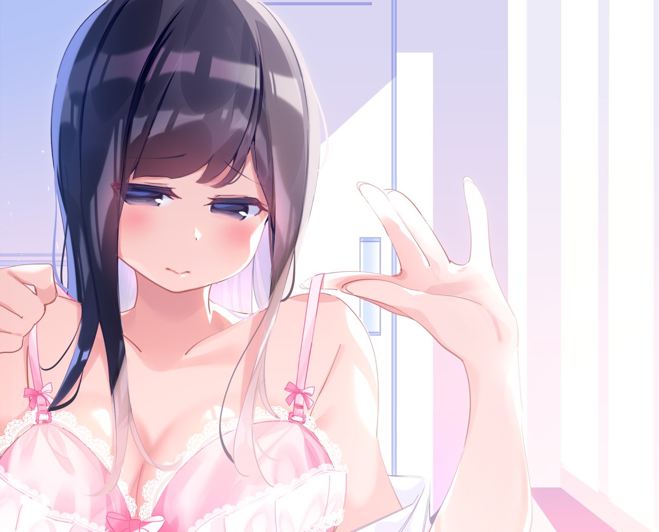 1girl bangs bare_shoulders black_eyes black_hair blush bow bow_bra bra brea...