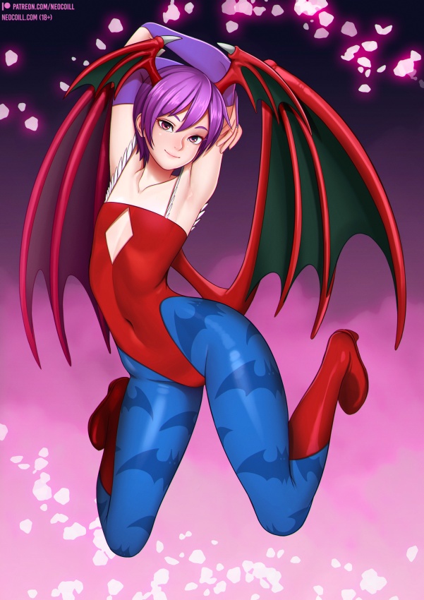 1girl animal_print armpits arms_up bare_shoulders bat_print bat_wings blue_...