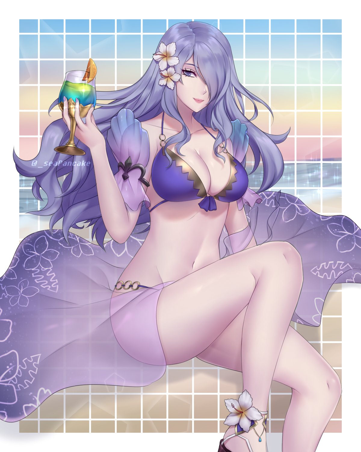 camilla(fire_emblem_if) cleavage closed_mouth cup drinking_glass fire_emble...