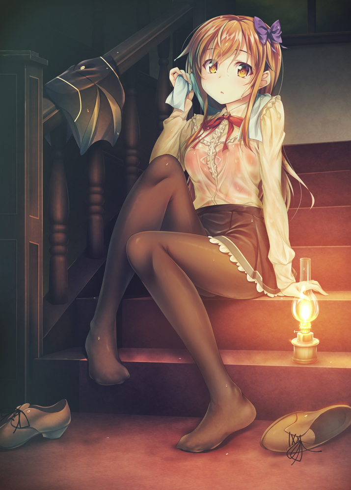 1girl arm_support bangs black_legwear black_skirt black_vest bow brown_eyes...