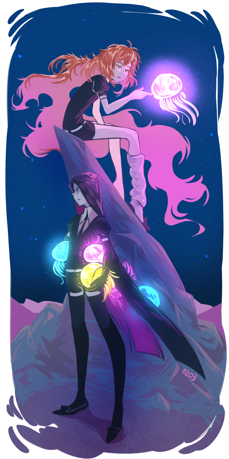 Safebooru 2others androgynous black eyes black hair bort elbow gloves