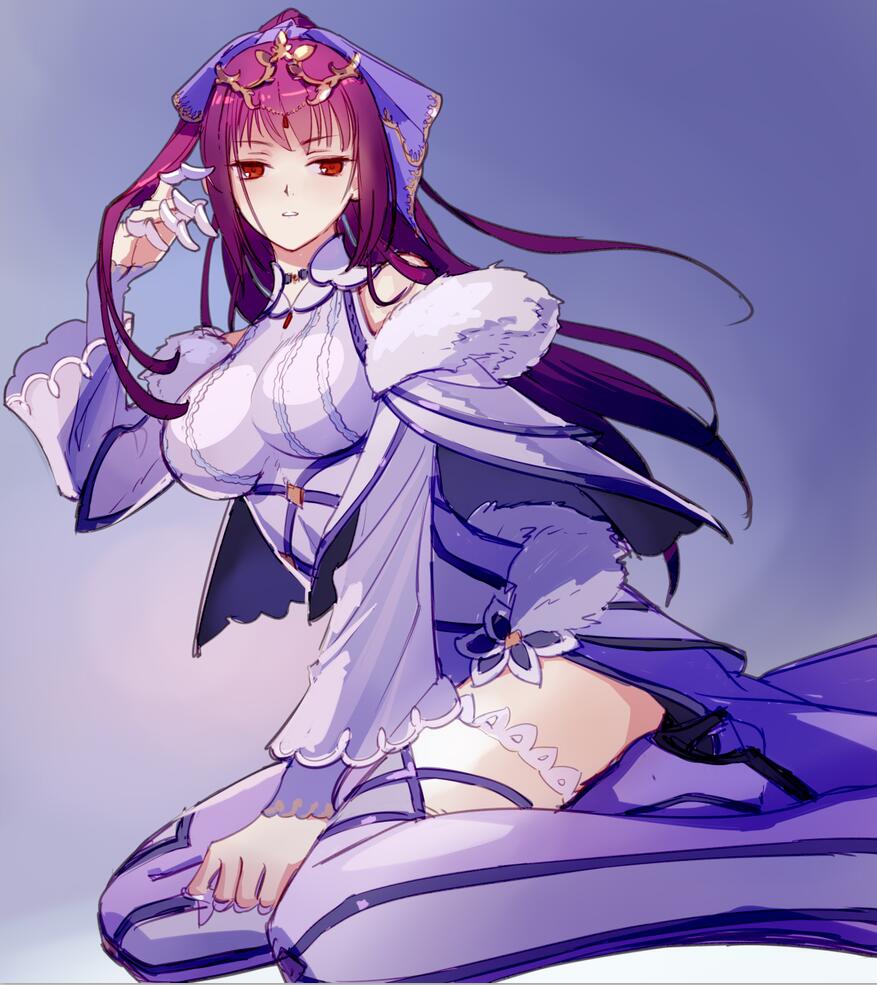 looking_at_viewer ponytail purple_dress purple_hair red_eyes scathach(fate)...