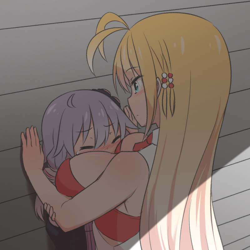 2girls antenna_hair blonde_hair blush breast_smother breasts closed_eyes co...