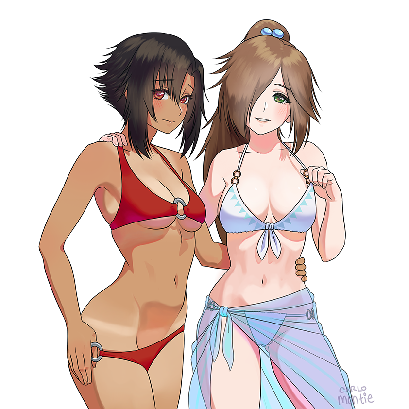 2girls bikini bikini_pull bikini_tan black_hair borrowed_character breasts ...