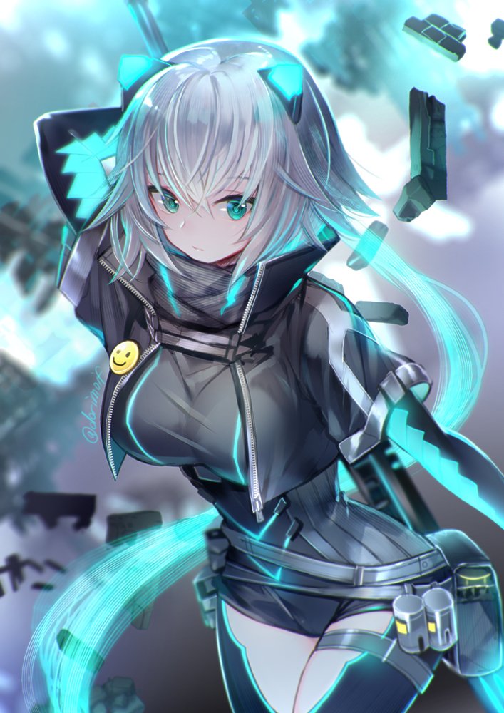 Safebooru - 1girl aqua eyes arm behind back arm up bangs breasts ...
