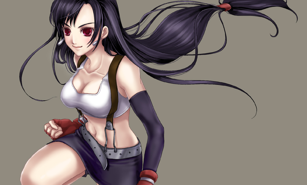 1girl bad_id belt black_hair breasts cleavage clenched_hand closed_mouth ea...