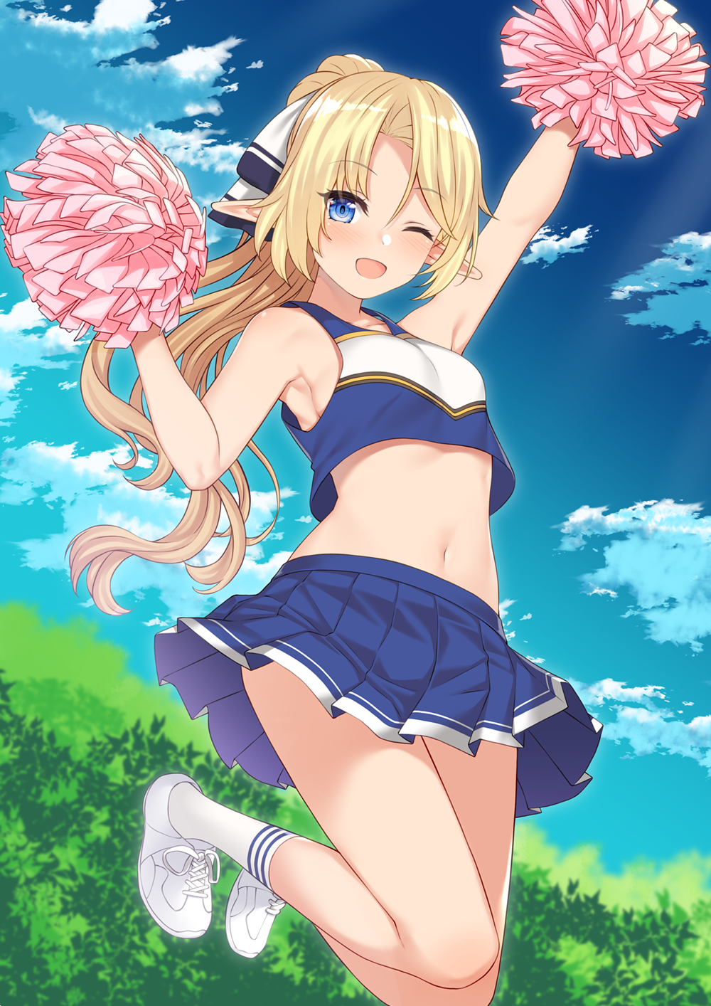 1girl ;d armpits arms_up bangs bare_shoulders blonde_hair blue_eyes blue_sk...